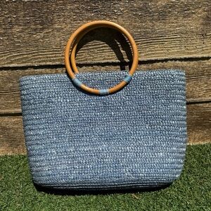 Blue Woven Tote with Wooden Ring Handles